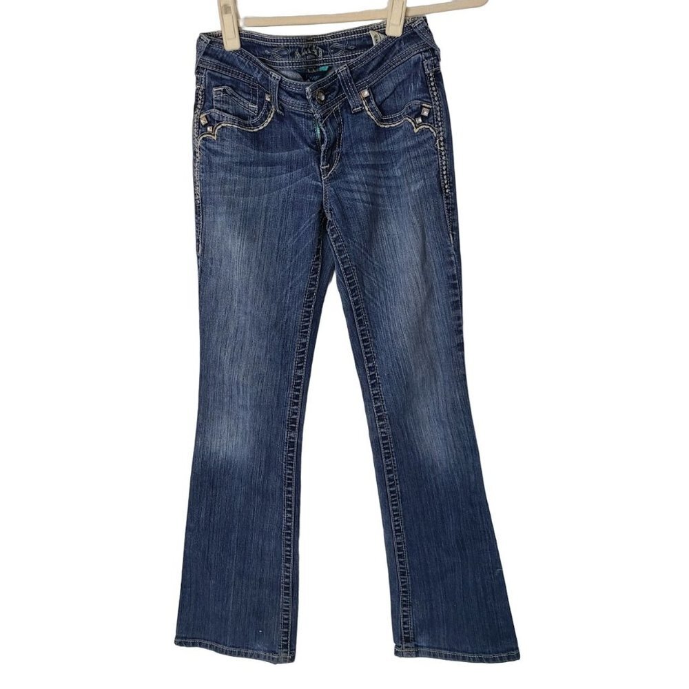 Ariat Womens 25 Blue Dark Wash Denim Turquoise Bootcut Jeans Pockets Low Rise